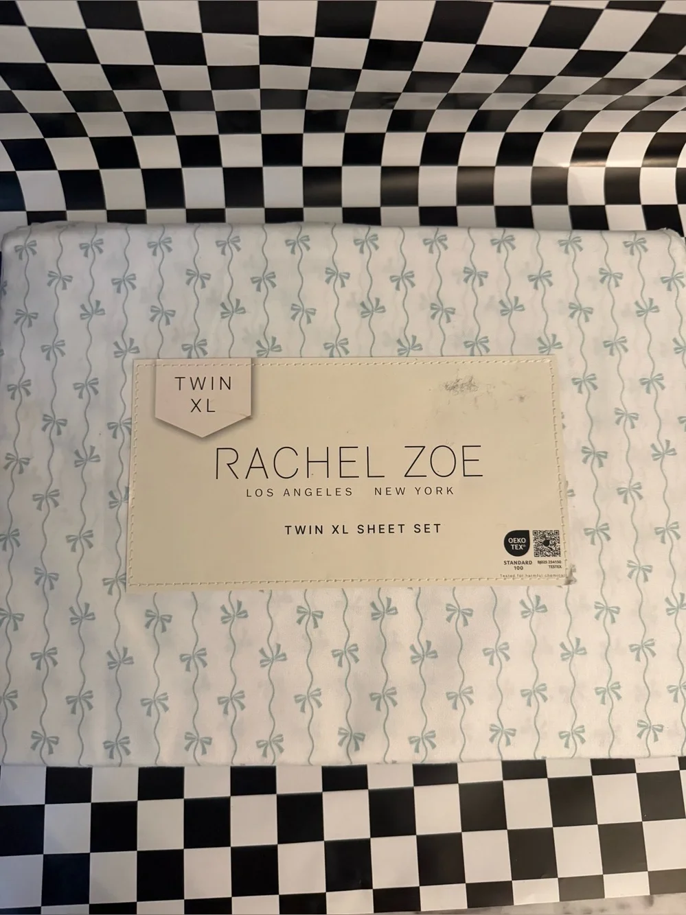 Rachel Zoe Twin XL Sheet Set in Pale Blue Bow Motif